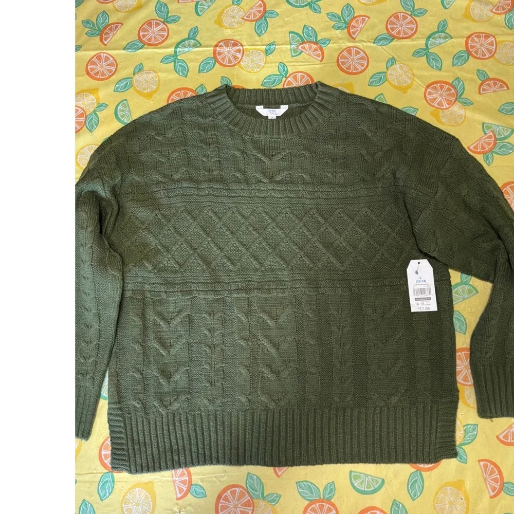 Cottagecore Womens Time and Tru Cable‎ Knit Sweater L Olive Green